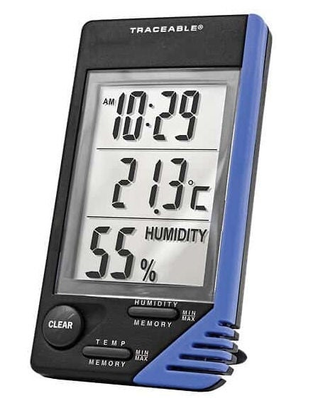 Digi-Sense Traceable Digital Thermometer / Hygrometer Fahrenheit / Celsius 0° to 32°F (0° to 50°C) External Probe Flip-out Stand / Wall Mount Battery Operated