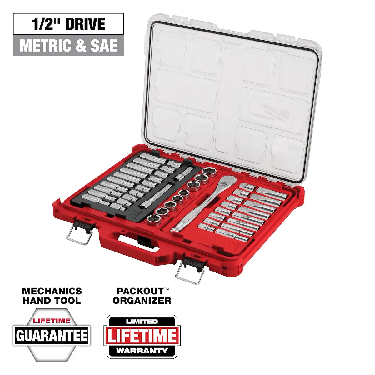 Milwaukee 47pc 1/2" Drive Ratchet & Socket Set with PACKOUT Low-Profile Organizer 48-22-9487 | 1/2 in Drive, 47-Piece