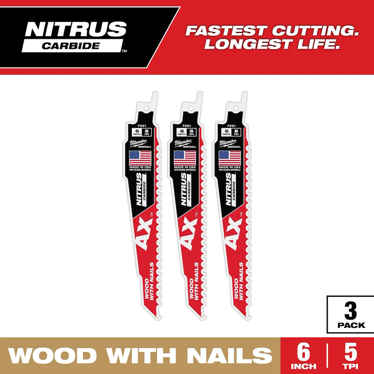 Milwaukee 6" 5 TPI AX w/NITRUS Carbide Teeth SAWZALL Blade for Wood with Nails 48-00-7351 | 6 in Blade Length