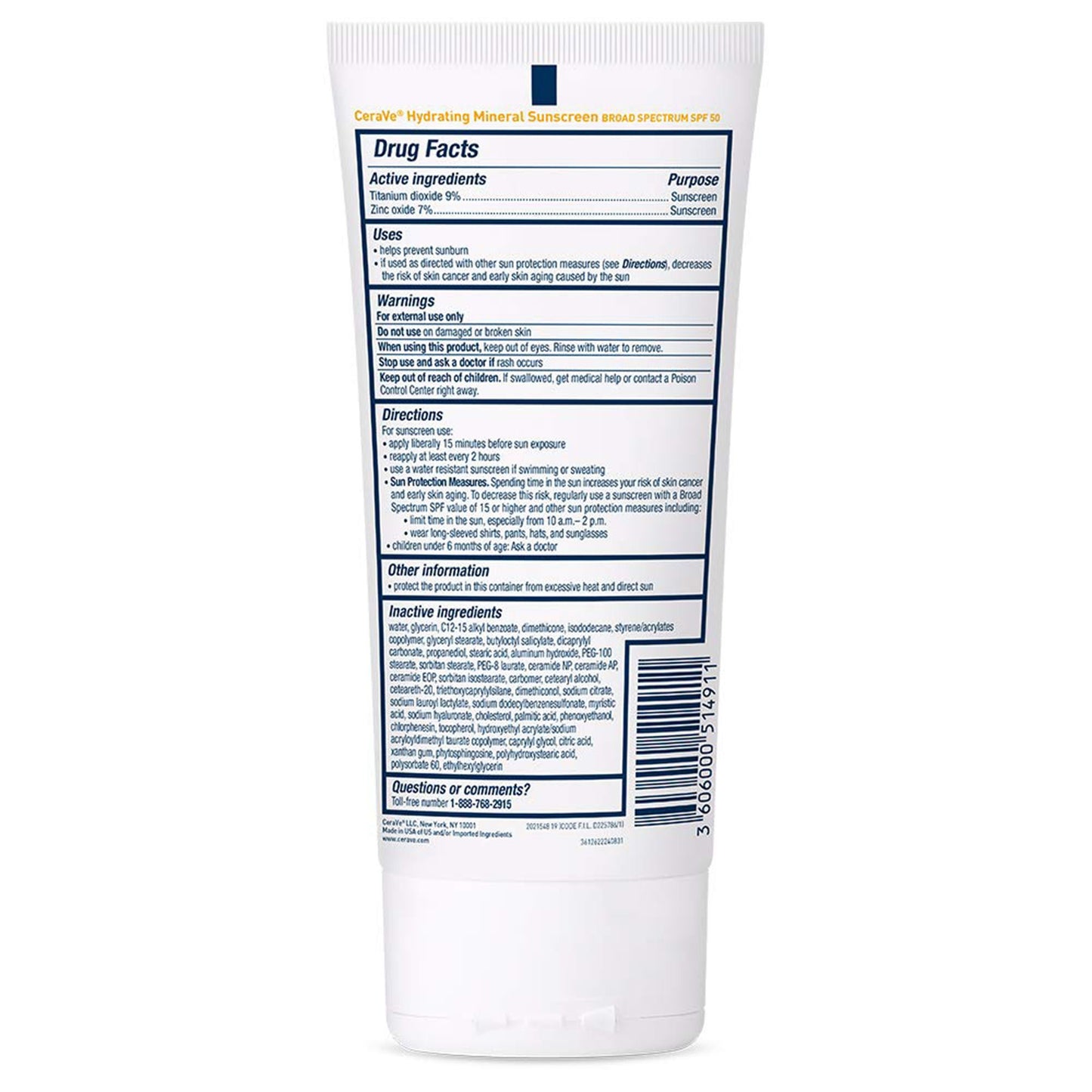 CeraVe® Hydrating Mineral Sunscreen Body SPF 50, Tube