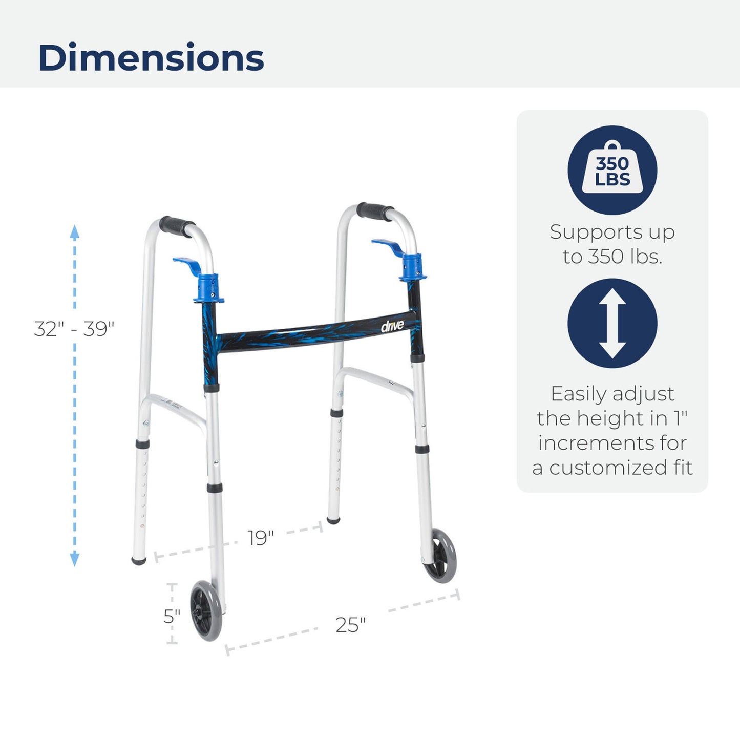drive™ Aluminum Dual Release Folding Walker, 32 – 39 Inch Height