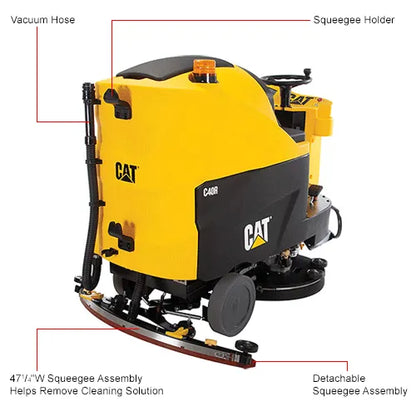 Cat® C40R Ride-On Scrubber — two-view operational context