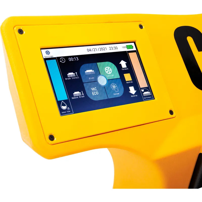 Cat® C40R Ride-On Scrubber — operator seat, steering wheel, and 7" LCD touchscreen