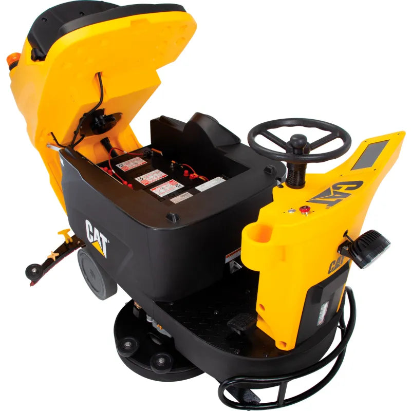 Cat® C40R Ride-On Scrubber — squeegee assembly and drive wheel