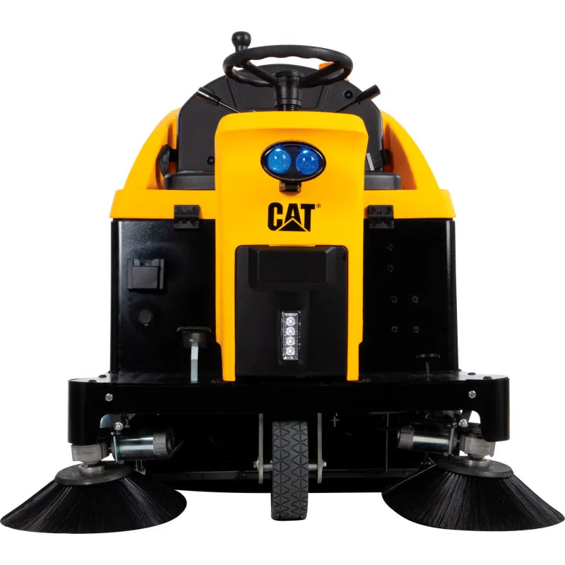 Cat® C49R Ride-On Sweeper — LED headlight, seatbelt, and non-slip platform detail