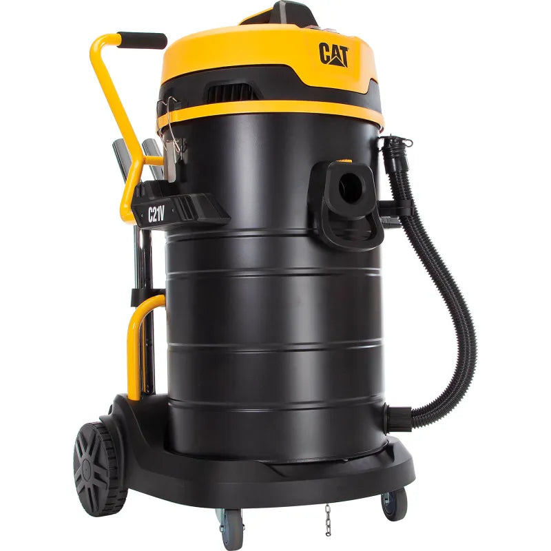 Cat® C21V Wet/Dry Vacuum — stainless steel drum and dolly base detail