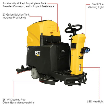 Cat® C26R Ride-On Scrubber — in-use on commercial floor