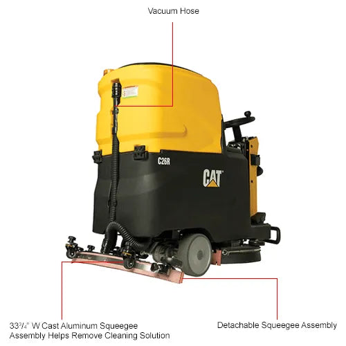 Cat® C26R Ride-On Scrubber — two-view operational context