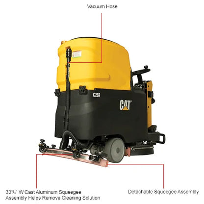 Cat® C26R Ride-On Scrubber — two-view operational context