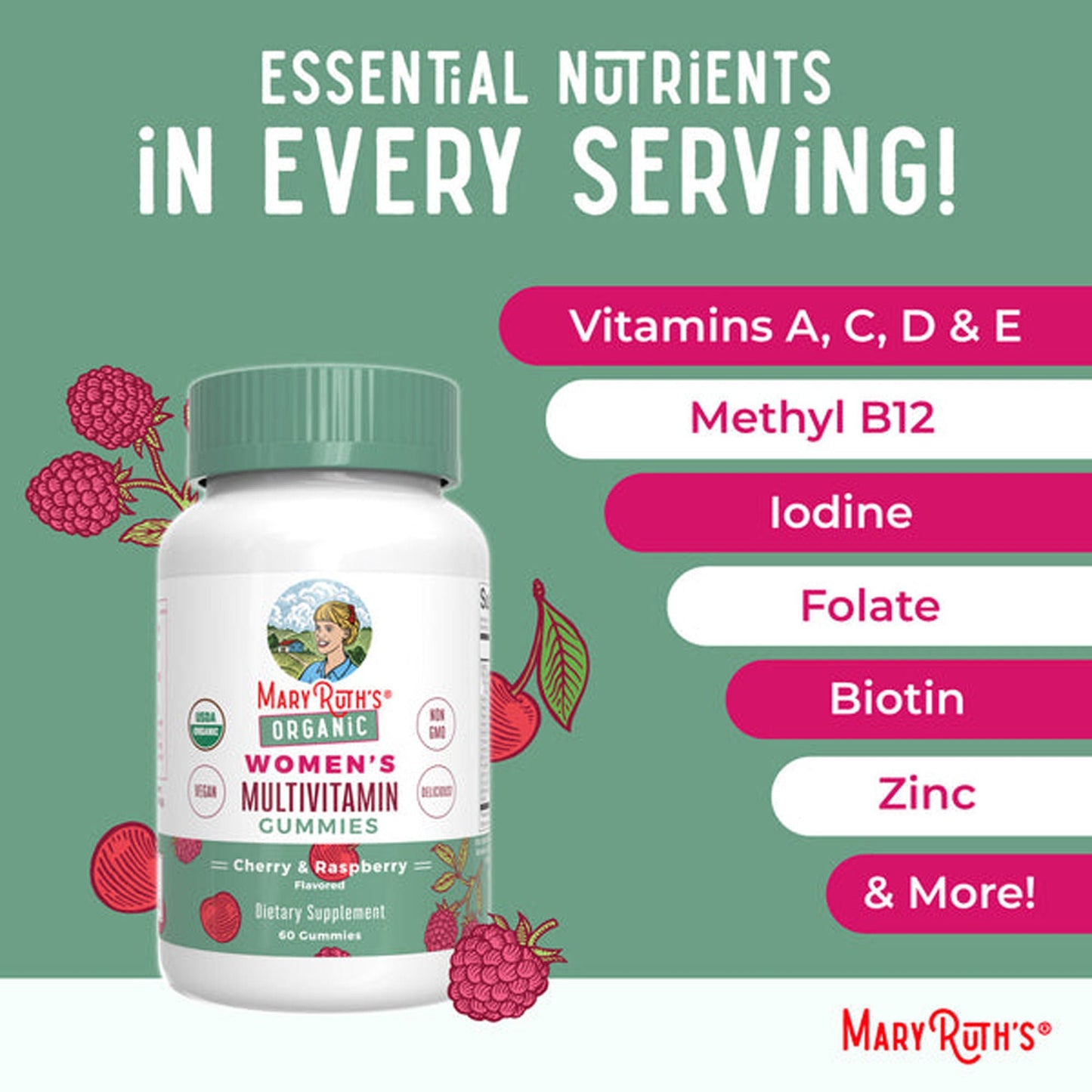 Mary Ruth's Organic Women's Multivitamin Supplement Vitamin A / C / D / E 450 mcg - 20 mg - 6 mcg - 7 mg Strength Gummie Strawberry Flavor