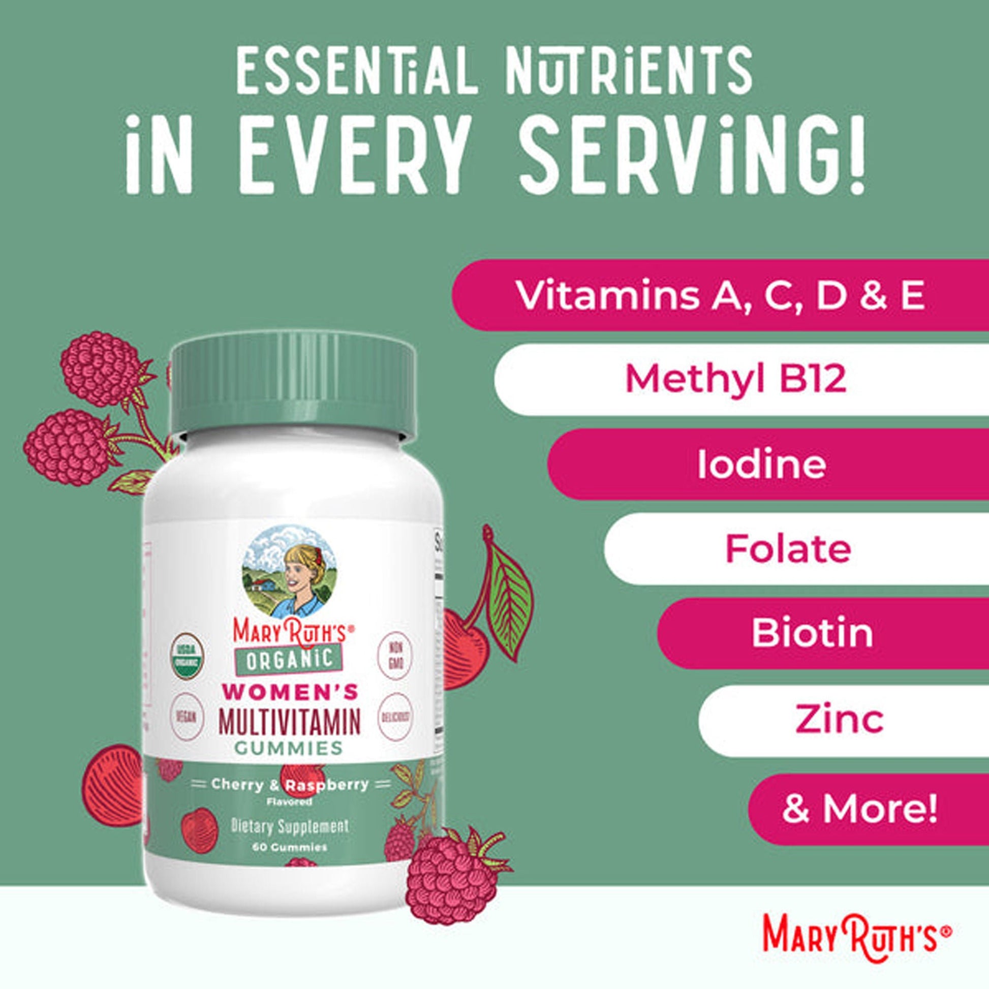 Mary Ruth's Organic Women's Multivitamin Supplement Vitamin A / C / D / E 450 mcg - 20 mg - 6 mcg - 7 mg Strength Gummie Strawberry Flavor