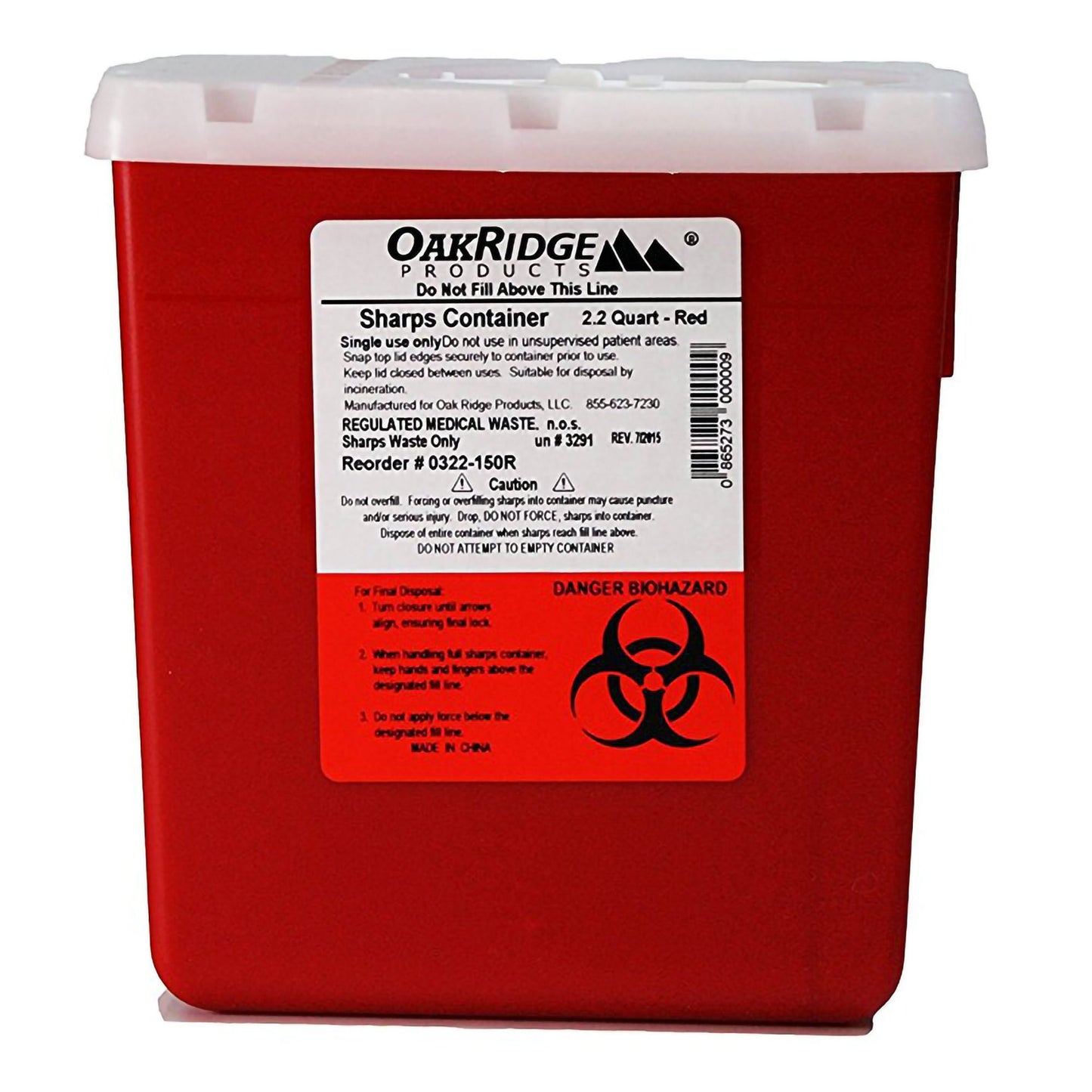 OakRidge Sharps Container Translucent Red Base X 4-2/3 W X 6-1/3 H Inch Vertical Entry 0.55 gal.