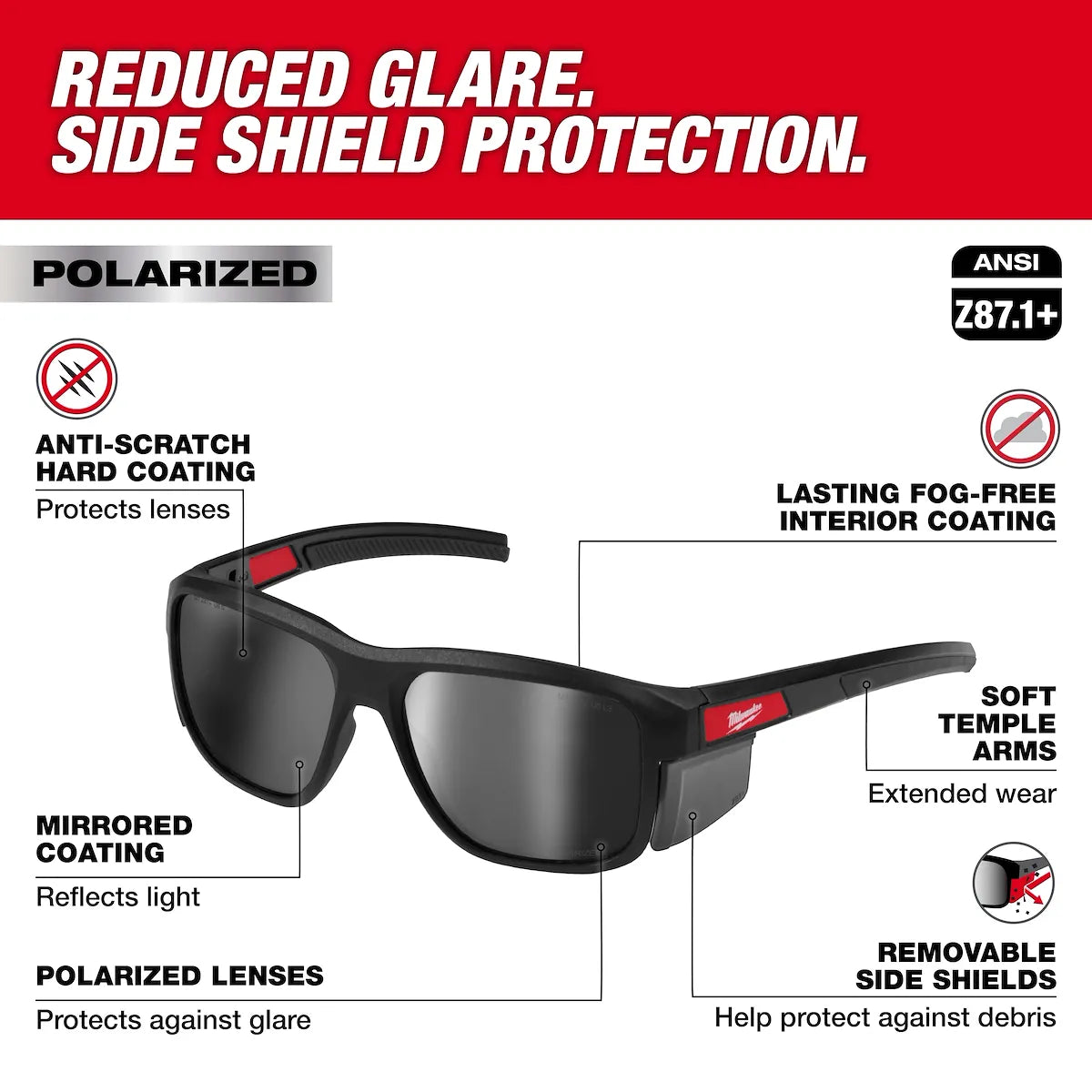 Milwaukee Polarized Full Frame Safety Glasses with Removable Side Shields – Silver Mirrored Dual Coat Lenses 48-73-2513