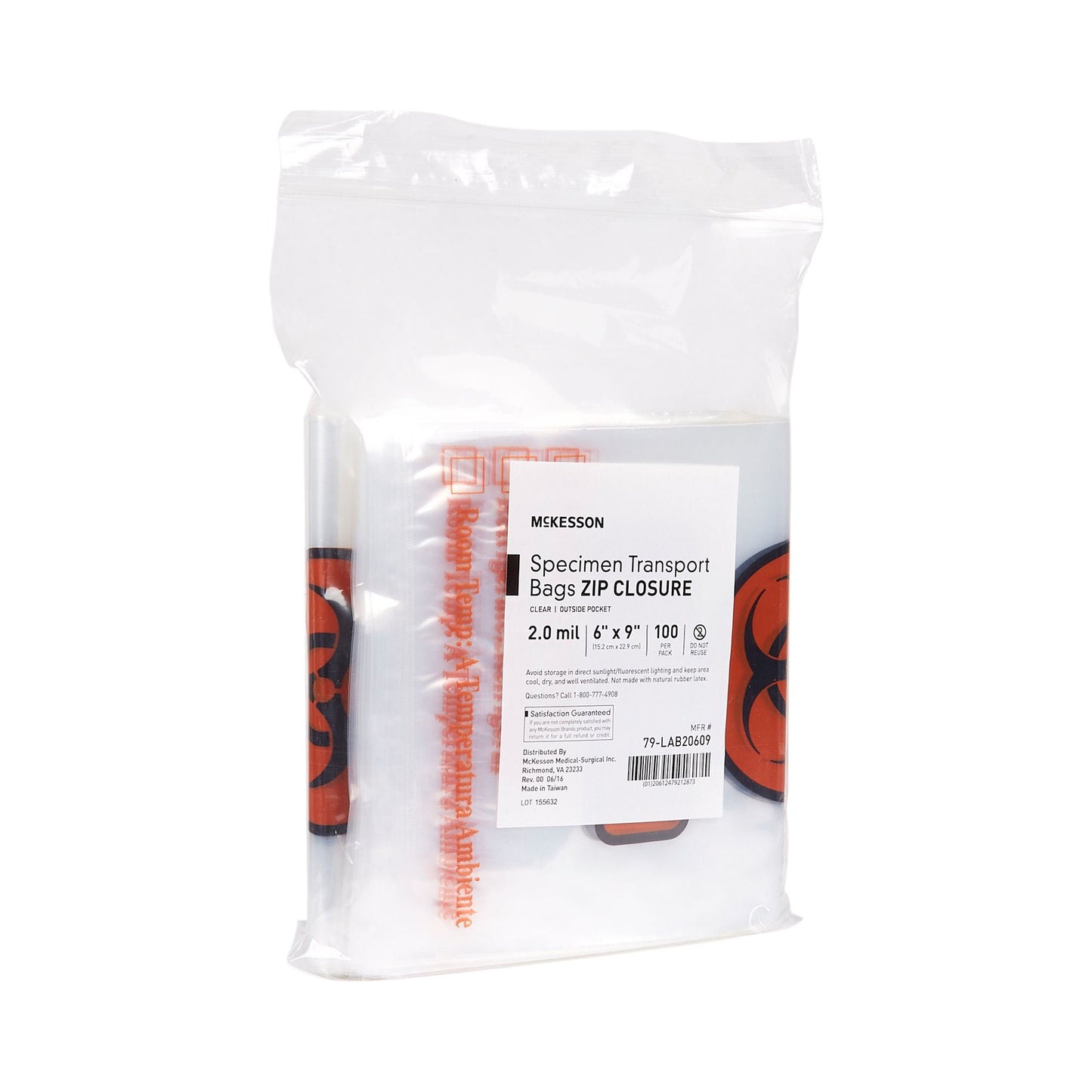 McKesson Specimen Transport Bag with Document Pouch, Zip Closure