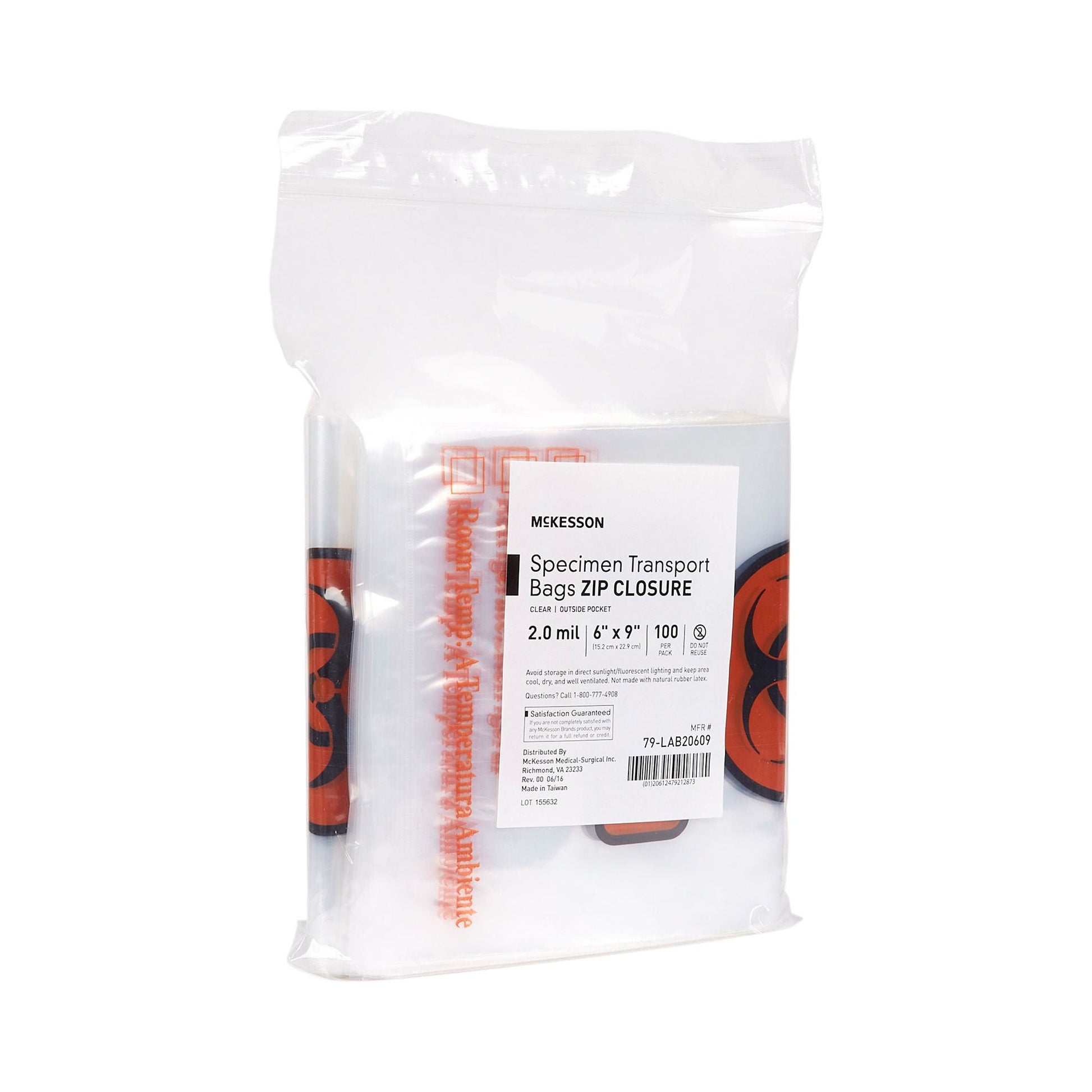 McKesson Specimen Transport Bag with Document Pouch, Zip Closure
