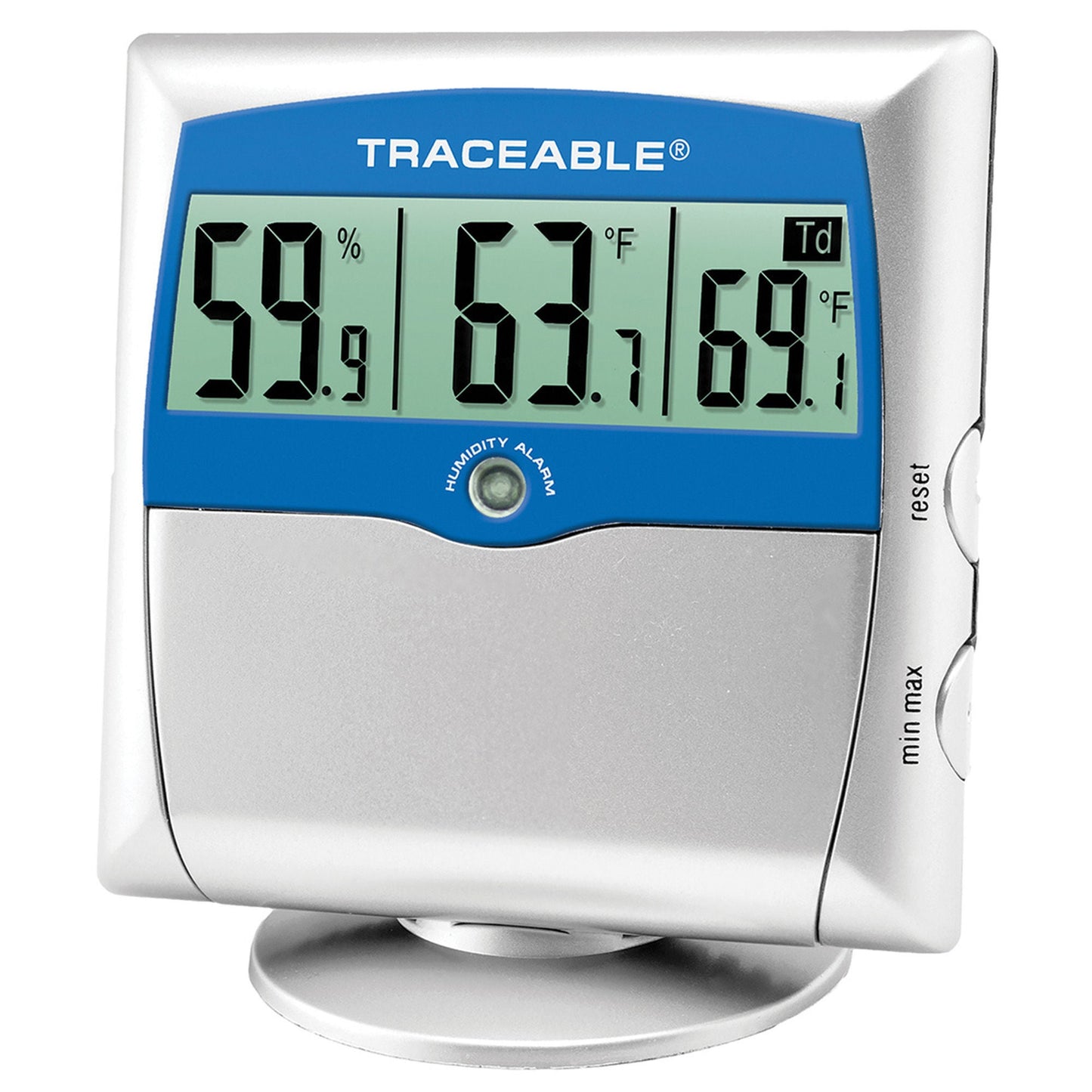 Traceable Digital Thermometer / Hygrometer with Alarm Fahrenheit / Celsius 14° to 140°F (-10° to +60°C) Solid State Sensors Free-standing / Wall Mount Battery Operated
