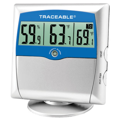 Traceable Digital Thermometer / Hygrometer with Alarm Fahrenheit / Celsius 14° to 140°F (-10° to +60°C) Solid State Sensors Free-standing / Wall Mount Battery Operated