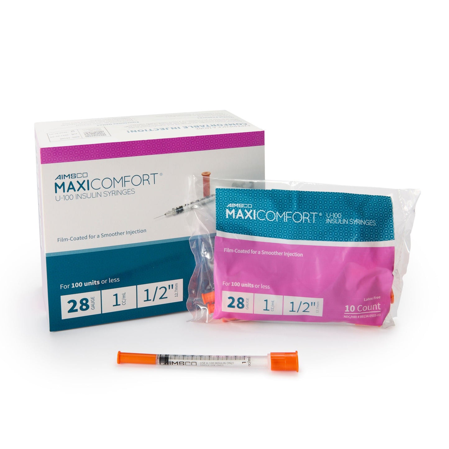 MaxiComfort® II Standard Insulin Syringe with Needle, 28 Gauge, 0.5 Inch