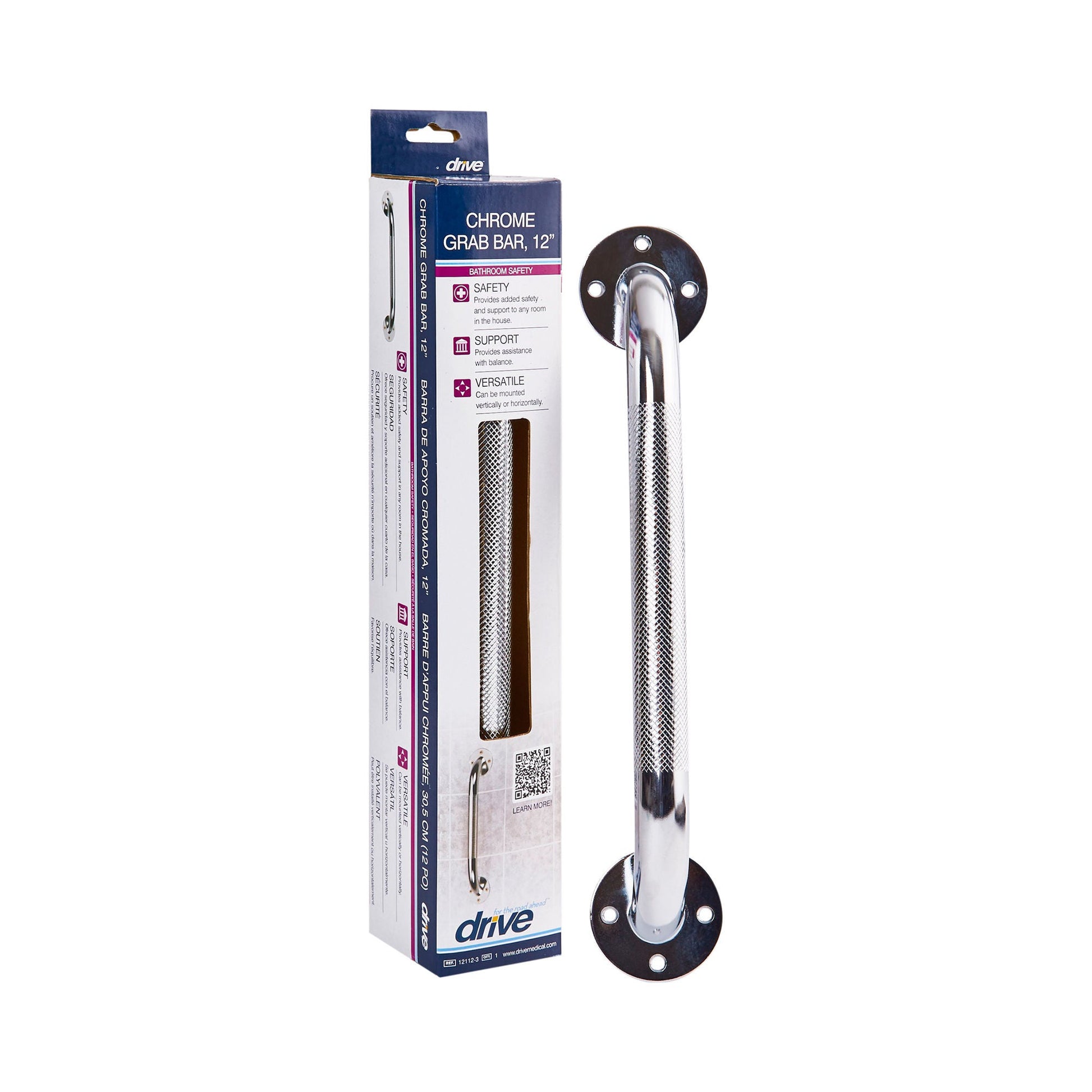 drive™ Chrome Knurled Grab Bar, 12 Inch