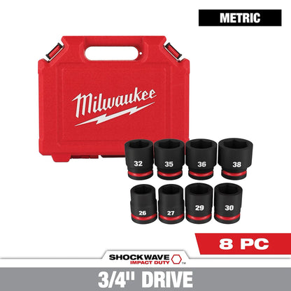 Milwaukee 8PC SHOCKWAVE Impact Duty 3/4" Drive Metric Standard 6 Point Socket Set 49-66-6376