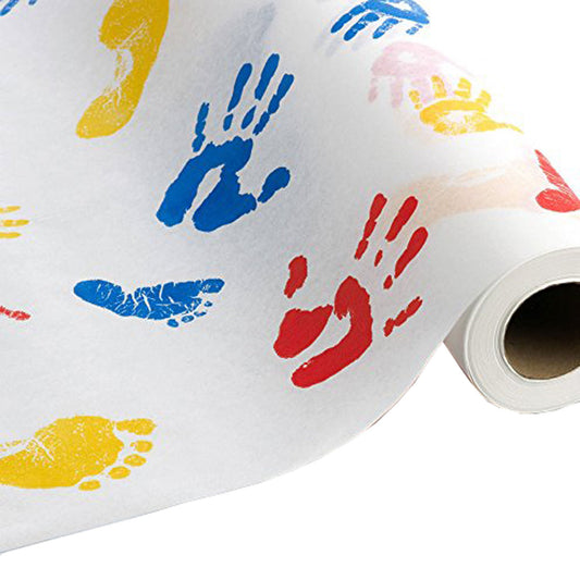 Tiny Tracks™ Crepe Table Paper, White with Multicolor Print