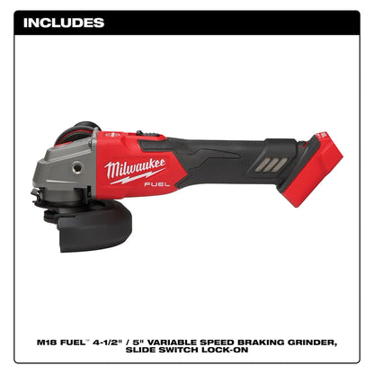 Milwaukee M18 FUEL 4-1/2" / 5" Variable Speed Braking Grinder, Slide Switch Lock-On 2889-20 | M18 Battery, Metal