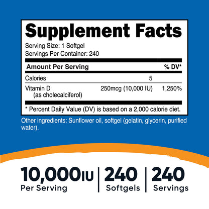nutricost Dietary Supplement Vitamin D3 10,000 IU Strength Softgel