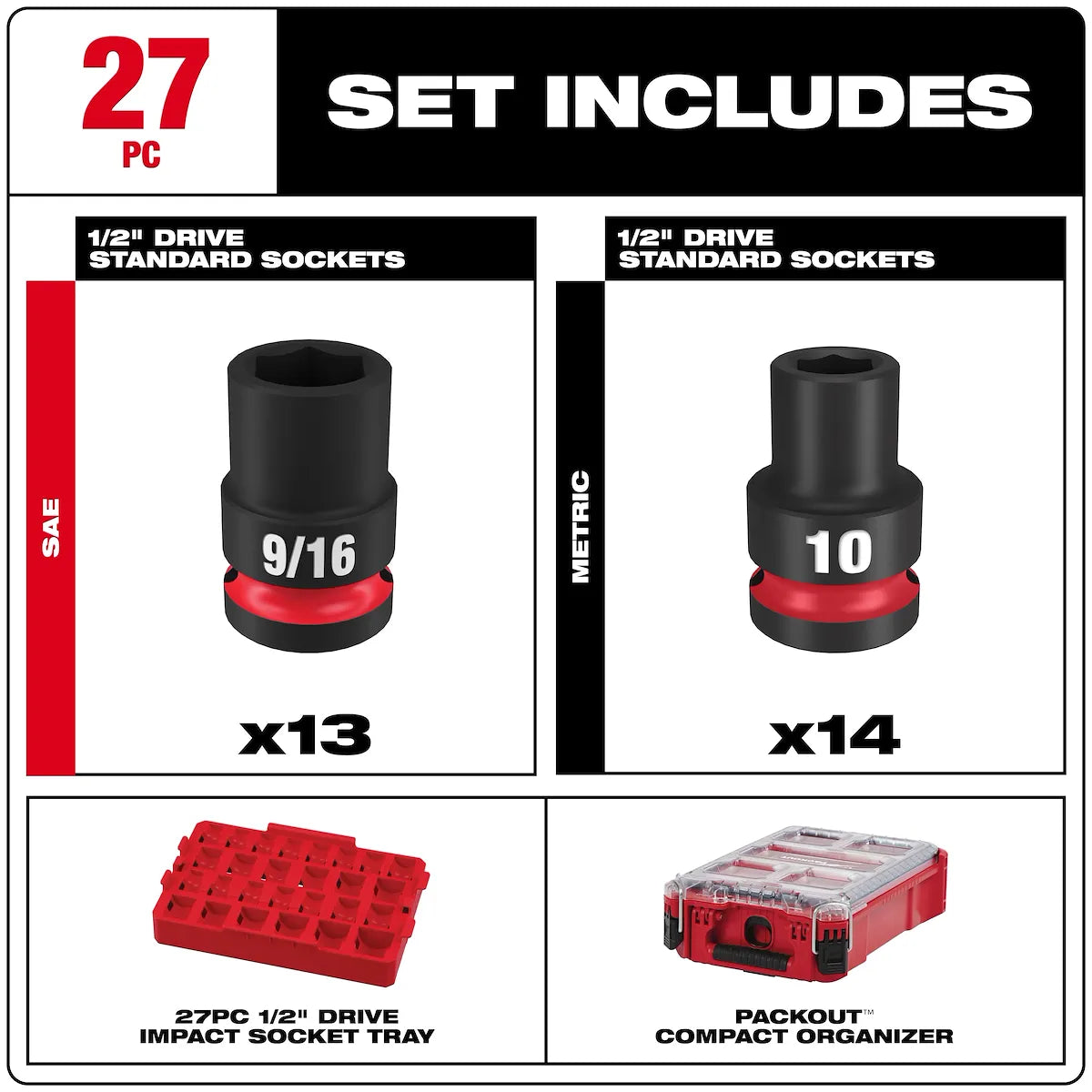 Milwaukee 27PC SHOCKWAVE Impact Duty Socket 1/2” Drive MM & SAE Set with PACKOUT 49-66-6804 | 1/2 in Drive, 27-Piece