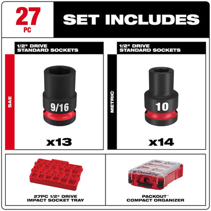 Milwaukee 27PC SHOCKWAVE Impact Duty Socket 1/2” Drive MM & SAE Set with PACKOUT 49-66-6804 | 1/2 in Drive, 27-Piece