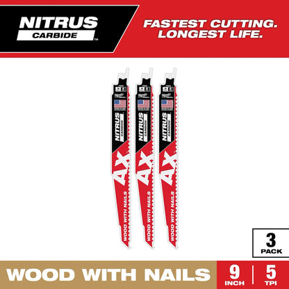 Milwaukee 9" 5 TPI AX w/NITRUS Carbide Teeth SAWZALL Blade for Wood with Nails 48-00-7352 | 9 in Blade Length