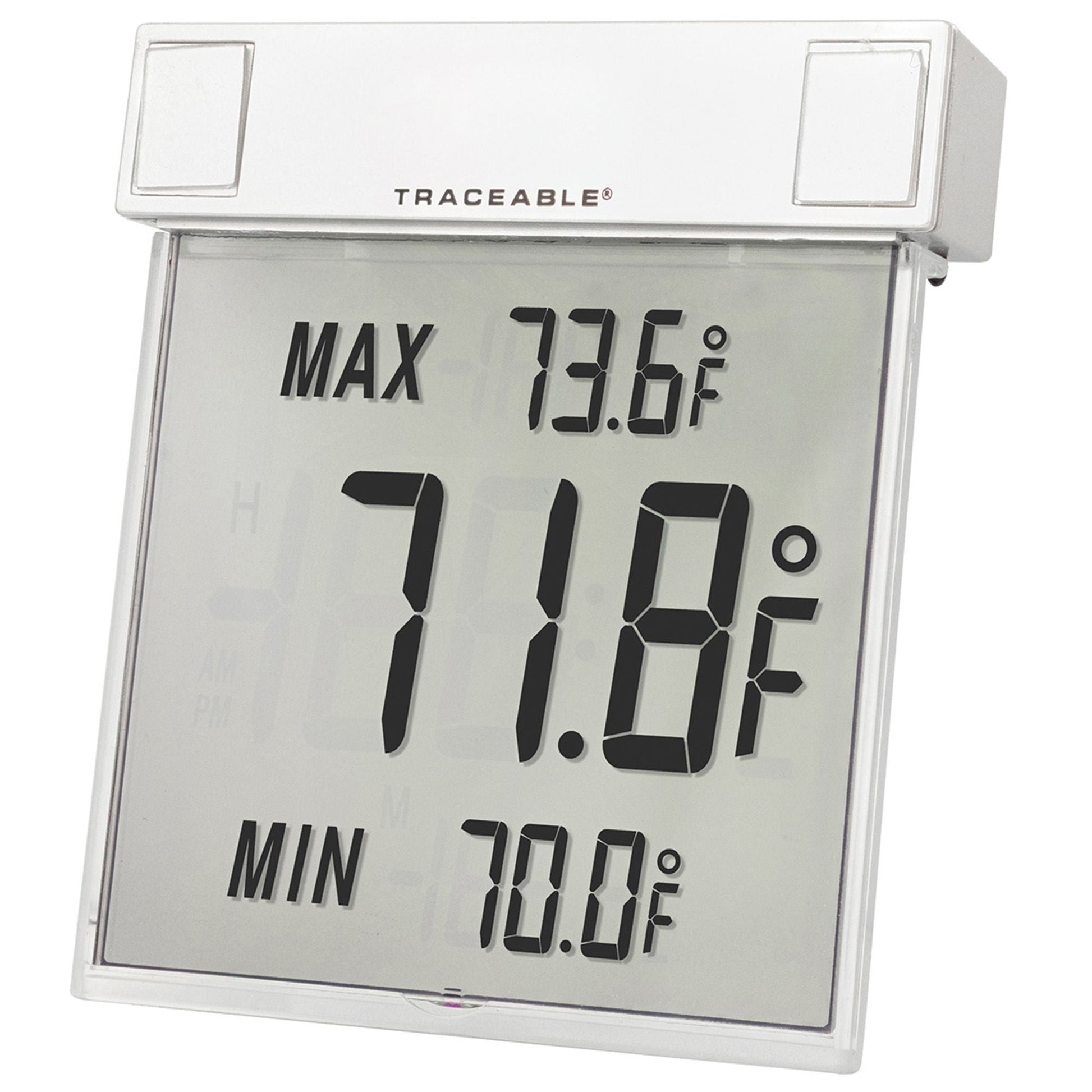 Traceable Big-Digit See-Thru Digital Thermometer Fahrenheit / Celsius -13° to +158°F (-25° to +70°C) Internal Sensor Multiple Mounting Options Battery Operated
