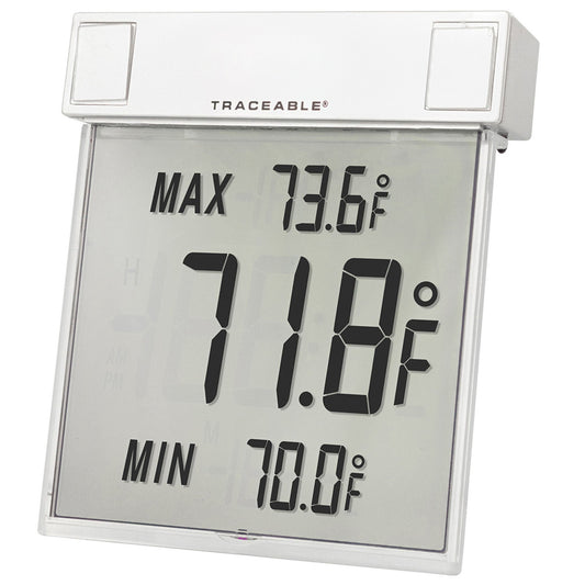 Traceable Big-Digit See-Thru Digital Thermometer Fahrenheit / Celsius -13° to +158°F (-25° to +70°C) Internal Sensor Multiple Mounting Options Battery Operated