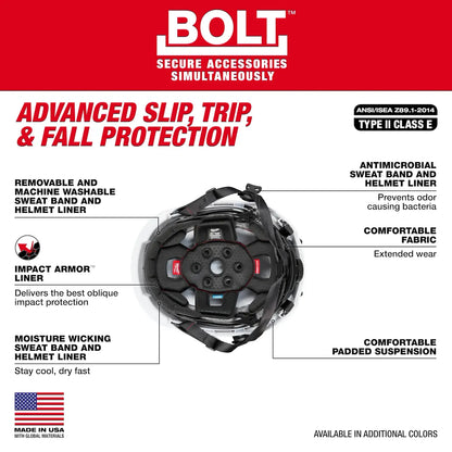 Milwaukee BOLT Red Safety Helmet with IMPACT ARMOR Liner (USA) - Type 2, Class E 48-73-1351 | 3-Piece, Molded Plastic