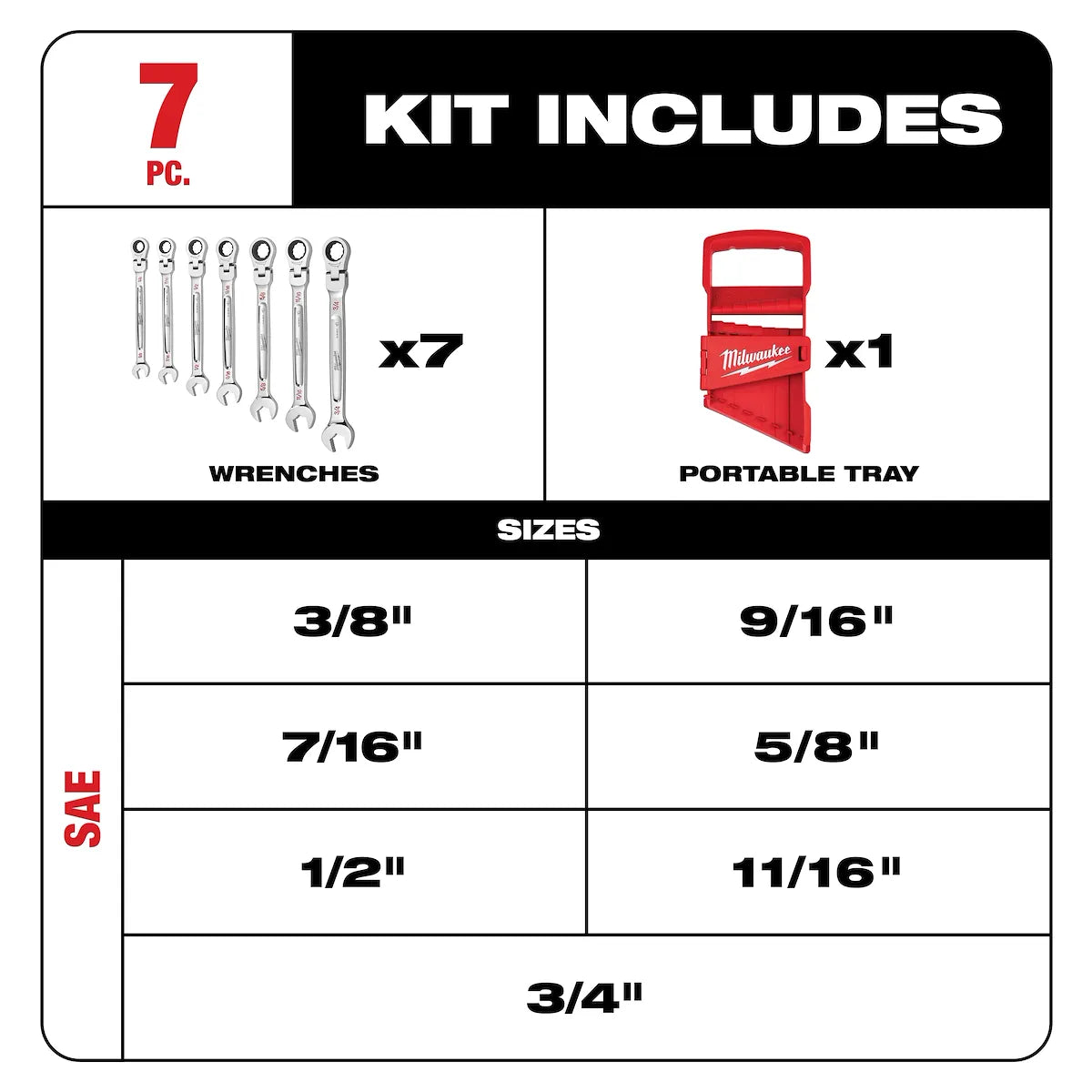 Milwaukee 7pc SAE Flex Head Combination Wrenches 48-22-9429