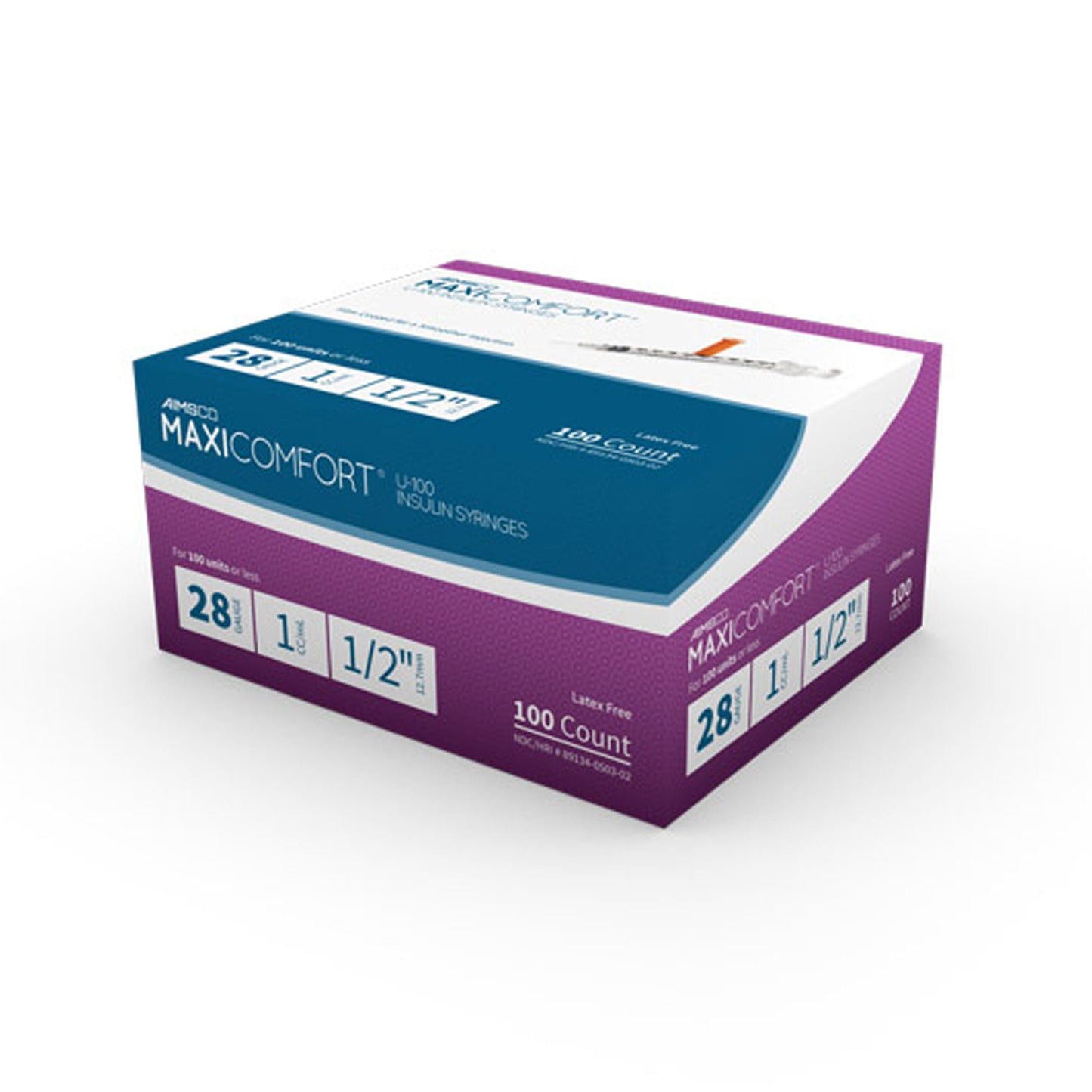 MaxiComfort® II Standard Insulin Syringe with Needle, 28 Gauge, 0.5 Inch