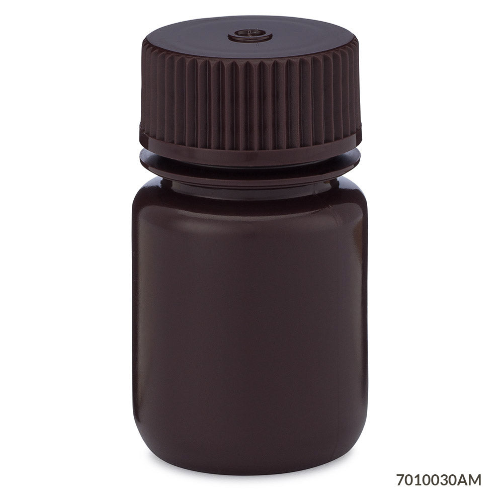 Amber Wide-Mouth Bottles, HDPE, Attached PP Screw Cap — 30 mL to 1000 mL, 6–12/Pack | Globe Scientific
