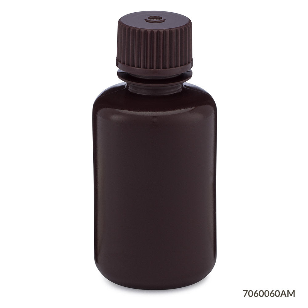 Amber HDPE Narrow-Mouth Bottles, Attached PP Screw Cap — 30 mL to 1000 mL, 12/Pack | Globe Scientific
