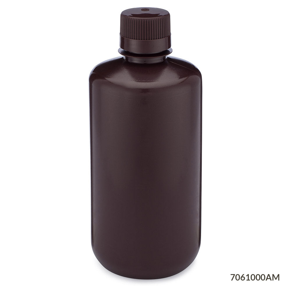 Amber HDPE Narrow-Mouth Bottles, Attached PP Screw Cap — 30 mL to 1000 mL, 12/Pack | Globe Scientific