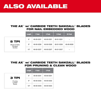Milwaukee 9" 3 TPI AX with Carbide Teeth SAWZALL Blade for Pruning (1 PK) 48-00-5232 | 9 in Blade Length