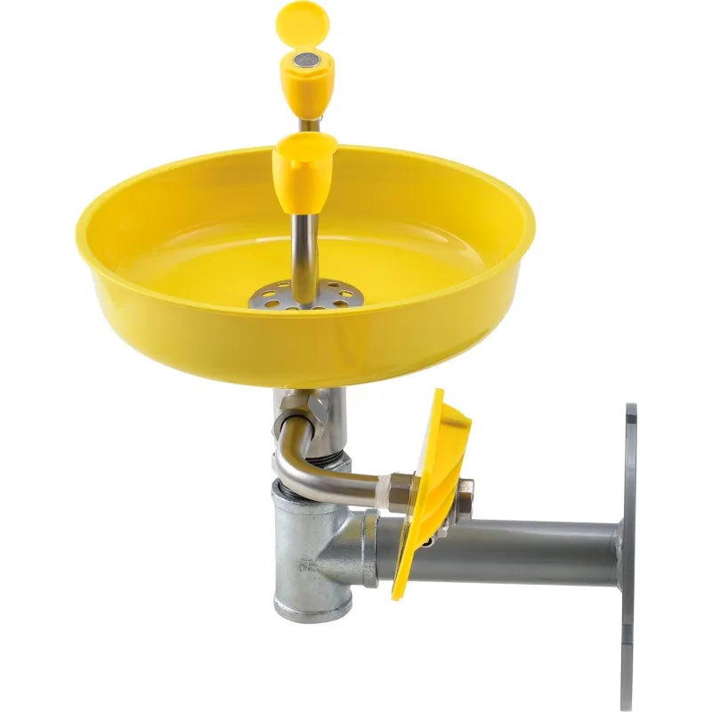 Global Industrial 708381 Wall Eyewash — push-handle activation and flip-top spray head detail