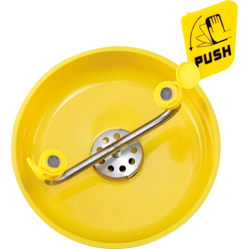 Global Industrial 708382 Pedestal Eyewash — push-handle activation and flip-top spray head covers