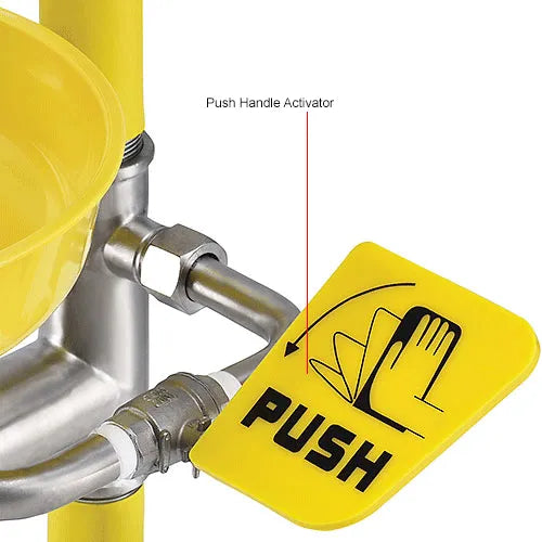 Global Industrial 708383 — pull-rod shower activation and push-handle eyewash detail