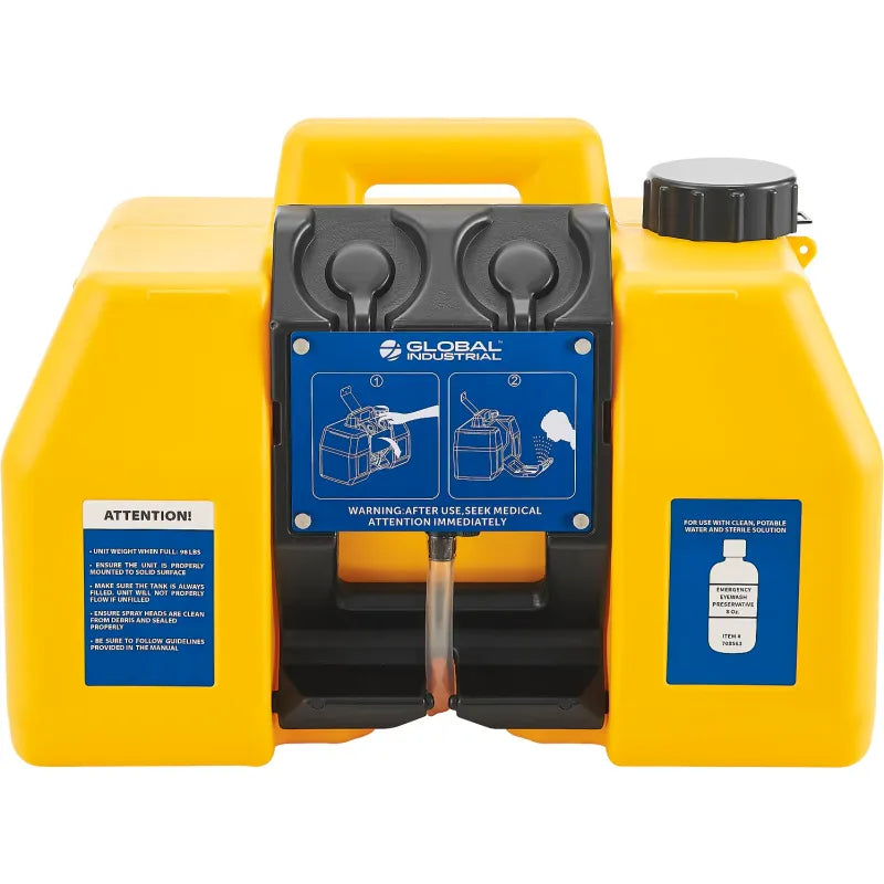 Global Industrial Portable Eyewash Station, 9-Gallon Gravity Fed 708606 — ANSI Z358.1-2014, pull-tray activation, wall bracket included