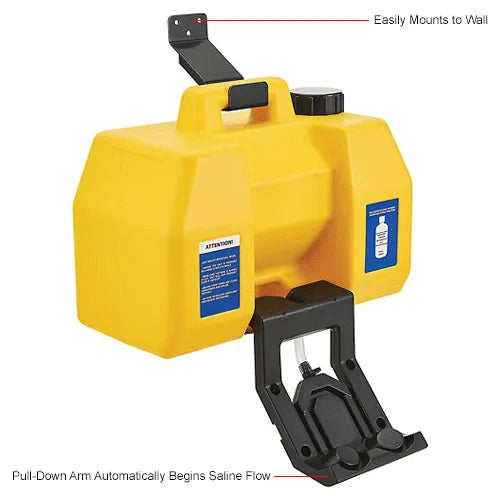 Global Industrial 708606 Portable Eyewash — fill cap, activation tray, and maintenance tag