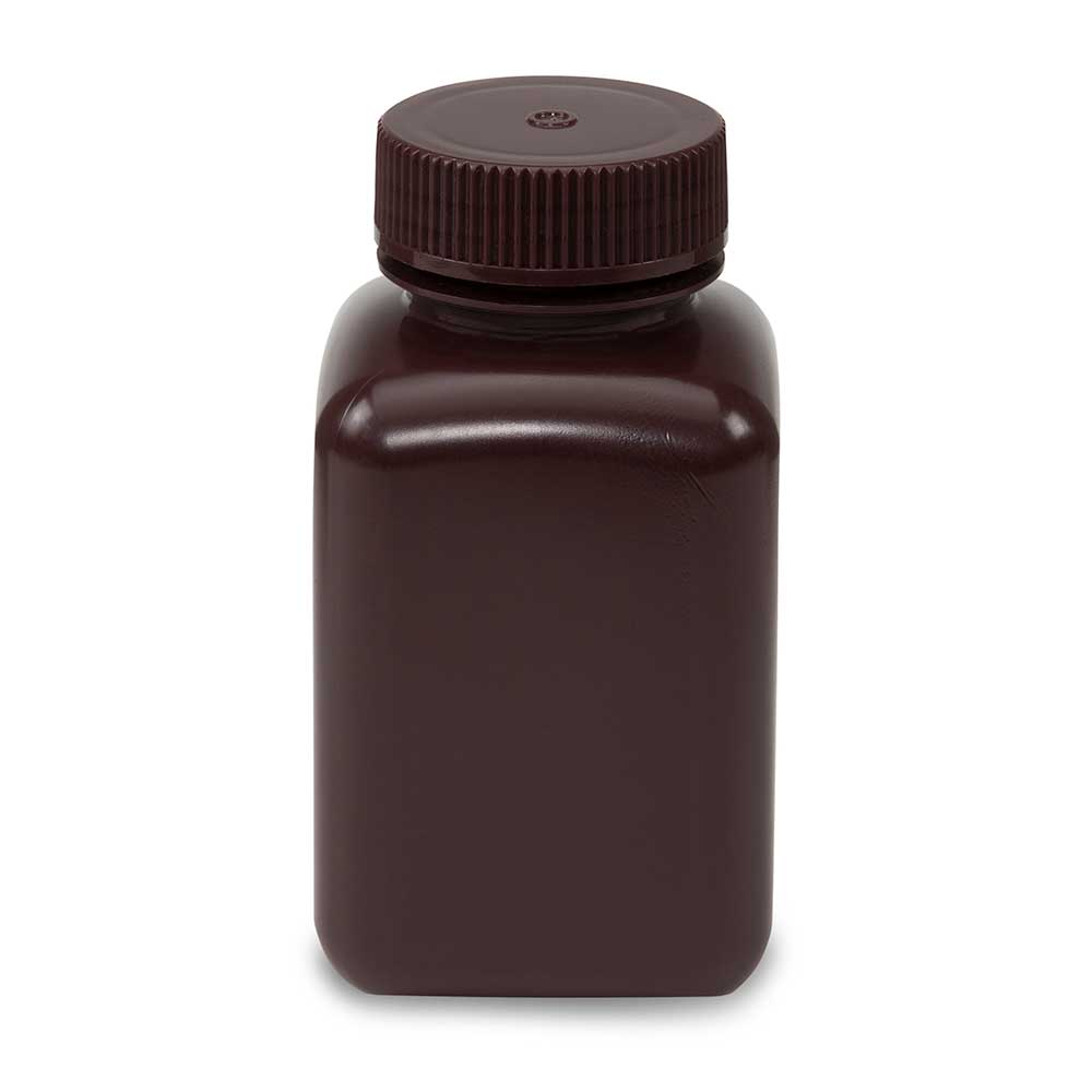 Amber HDPE Wide-Mouth Square Bottles, Attached PP Screw Cap — 60–1000 mL, 6–12/Pack | Globe Scientific