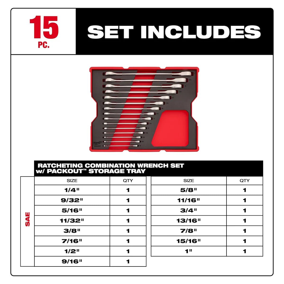 Milwaukee 15pc. SAE Ratcheting Combination Wrench Set with Tray for PACKOUT Drawers 45-96-9212