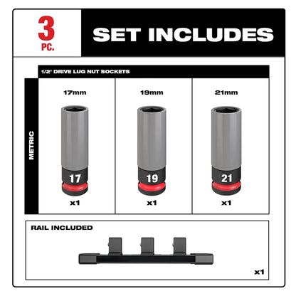 Milwaukee SHOCKWAVE Impact Duty 1/2 Drive Metric 3PC Lug Nut Wheel Socket Set 49-66-7806