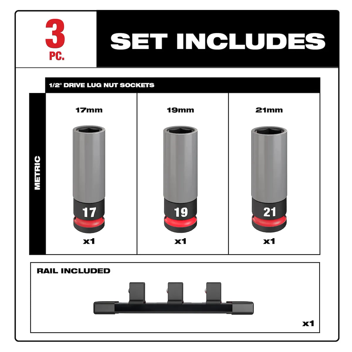 Milwaukee SHOCKWAVE Impact Duty 1/2 Drive Metric 3PC Lug Nut Wheel Socket Set 49-66-7830 | 1/2 in Drive, 3-Piece