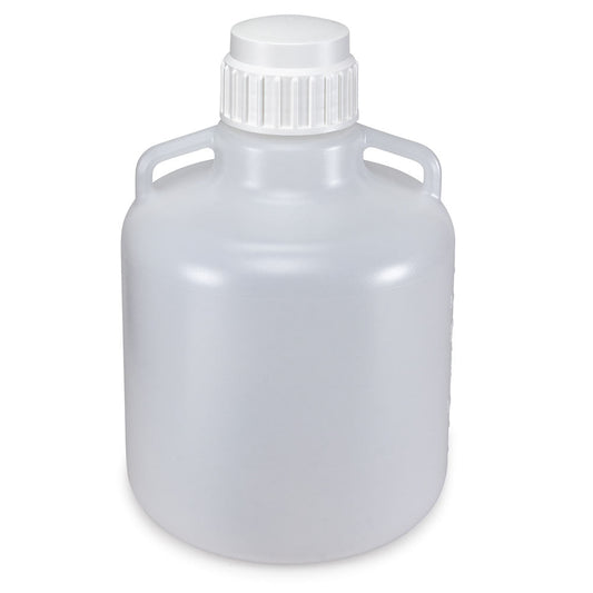 Carboys, Round with Handles, HDPE, White PP Screwcap — 10/20/50 L, Molded Graduations, 1/Each | Globe Scientific