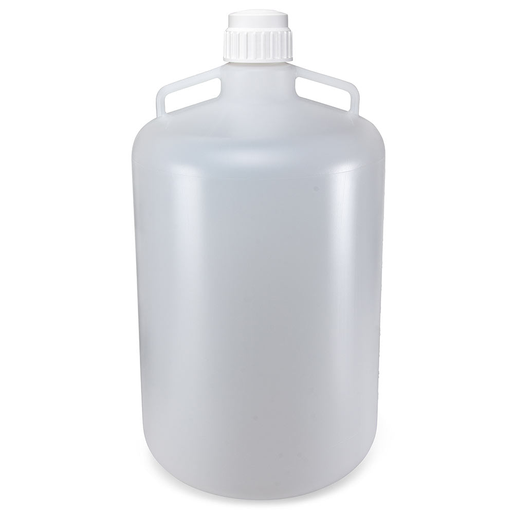 Carboys, Round with Handles, HDPE, White PP Screwcap — 10/20/50 L, Molded Graduations, 1/Each | Globe Scientific